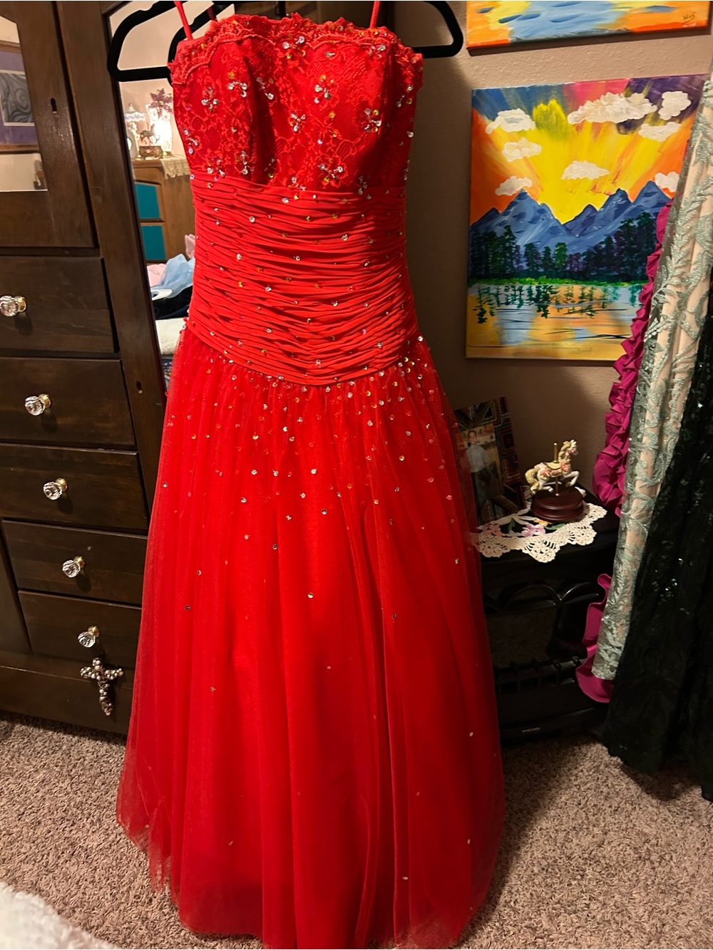 Red Beaded Strapless Prom Gown with Tulle Skirt